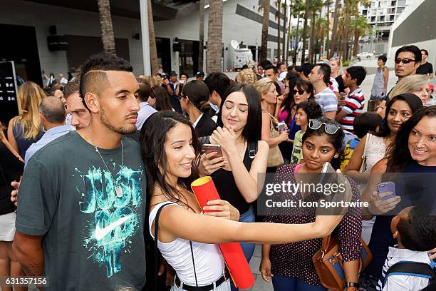 Nick Kyrgios greets fans as he arrives for the FAST4 Showdown AUS v WORLD played at the International Convention Center in Sydney.