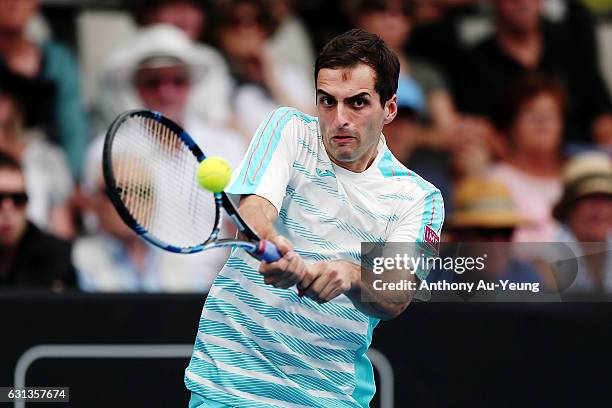 Albert Ramos-Vinolas of Spain plays a backhand in his match against Joao Sousa of Portugal on day nine of the ASB Classic on January 10, 2017 in...