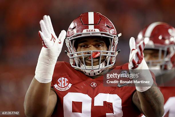 Defensive lineman Jonathan Allen of the Alabama Crimson Tide looks on before taking on the Clemson Tigers in the 2017 College Football Playoff...