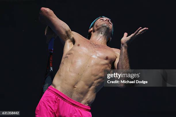 Tommy Haas of Germany serves during a practice session ahead of the 2017 Australian Open at Melbourne Park on January 10, 2017 in Melbourne,...