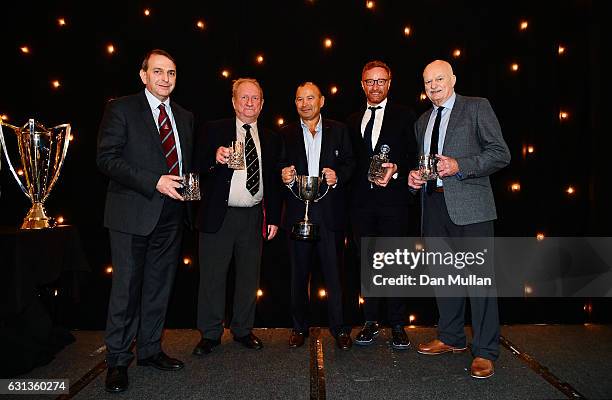 Awards winners, Chris Myers, Bryan James, Eddie Jones, Head Coach of England, Ben Ryan and Des Seabrook during the Rugby Union Writers' Club Annual...