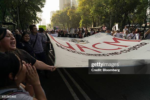 Demonstrators hold banners and march during a protest against the gasoline price hike in Mexico City, Mexico, on Monday, Jan. 9, 2017. The government...