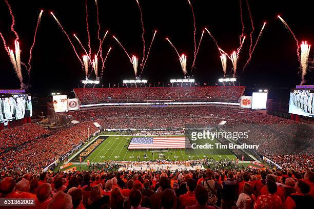 General view during the national anthem prior to the 2017 College Football Playoff National Championship Game between the Alabama Crimson Tide and...