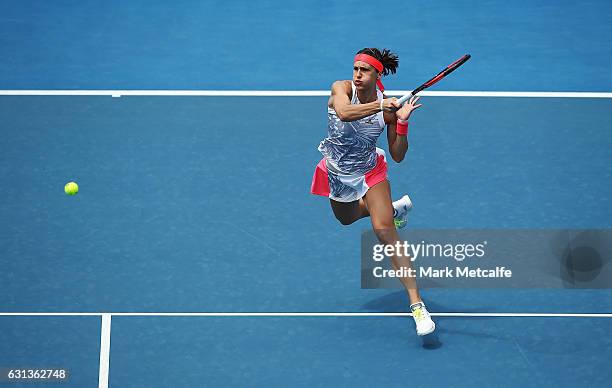 Andrea Petkovic of Germany plays a forehand in her second round match against Veronica Cepede Royg of Paraguay during day one of the 2017 Hobart...