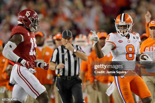 Wide receiver Deon Cain of the Clemson Tigers reacts during the second quarter against the Alabama Crimson Tide in the 2017 College Football Playoff...