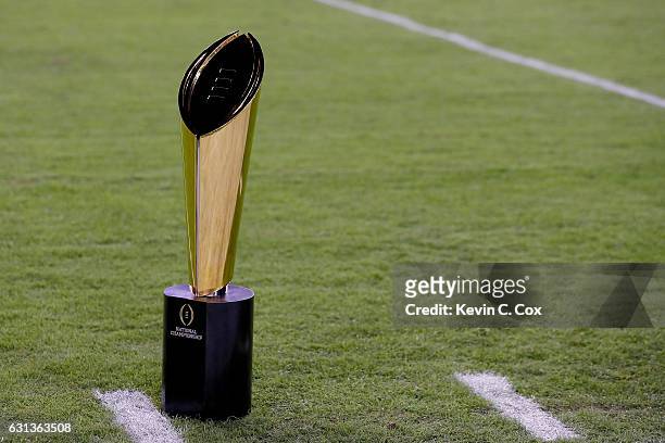 The College Football Playoff National Championship Trophy presented by Dr Pepper is seen prior to the 2017 College Football Playoff National...