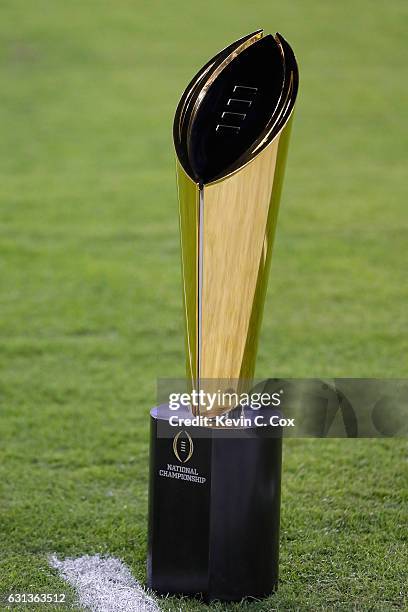 The College Football Playoff National Championship Trophy presented by Dr Pepper is seen prior to the 2017 College Football Playoff National...