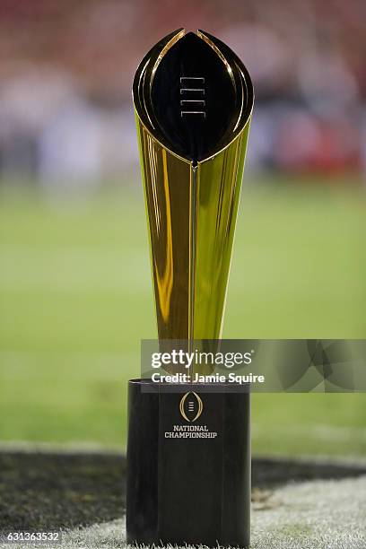 The College Football Playoff National Championship Trophy presented by Dr Pepper is seen during the 2017 College Football Playoff National...