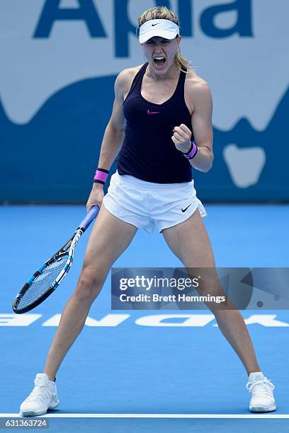 Eugenie Bouchard of Canada celebrates victory in her second round match against Dominika Cibulkova of Slovakia during day three of the 2017 Sydney...