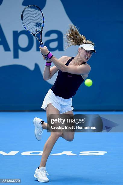 Eugenie Bouchard of Canada plays a backhand shot in her second round match against Dominika Cibulkova of Slovakia during day three of the 2017 Sydney...