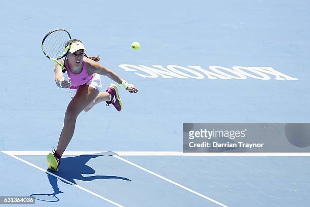 Saurian Cirstea of Romania plays a forehand shot in her match against Destanee Aiava of Australia during day one of the 2017 Priceline Pharmacy...
