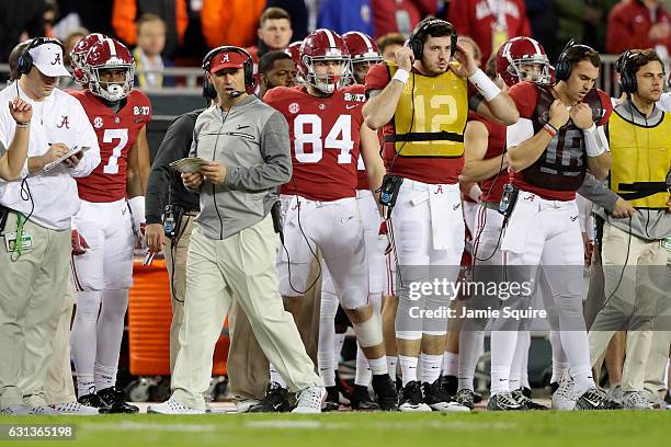 Offensive coordinator Steve Sarkisian of the Alabama Crimson Tide stands on the sideline during the second half of the 2017 College Football Playoff...