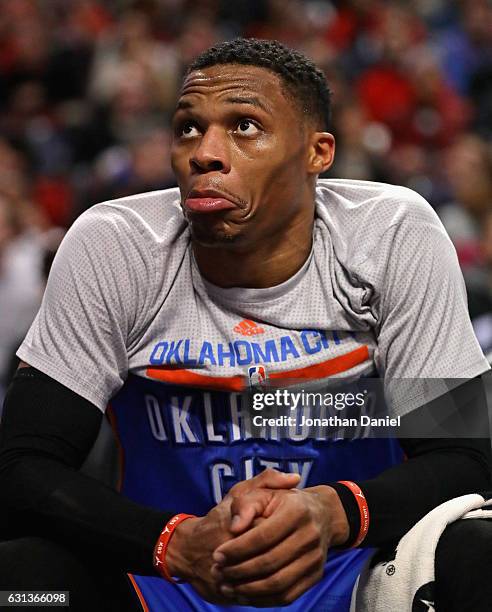 Russell Westbrook of the Oklahoma City Thunder reacts on the bench during a game against the Chicago Bulls at the United Center on January 9, 2017 in...