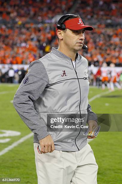 Offensive coordinator Steve Sarkisian of the Alabama Crimson Tide looks on during the second half of the 2017 College Football Playoff National...