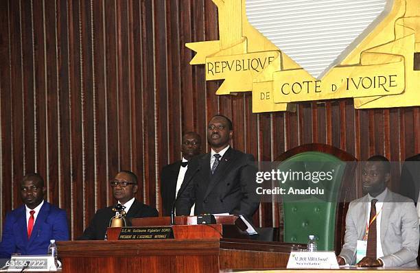 Ivorian parliament speaker Guillaume Soro delivers a speech during the voting process to choose president of the assembly at the National Assembly in...