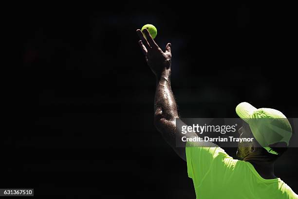 Ivo Karlovic of Croatia serves in his matcg against Gilles Simon of Franceduring day one of the 2017 Priceline Pharmacy Classic at Kooyong on January...
