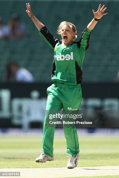 Kristen Beams of the Stars celebrates the wicket of Tegan McPharlin of the Strikers during the Women's Big Bash League match between the Melbourne...