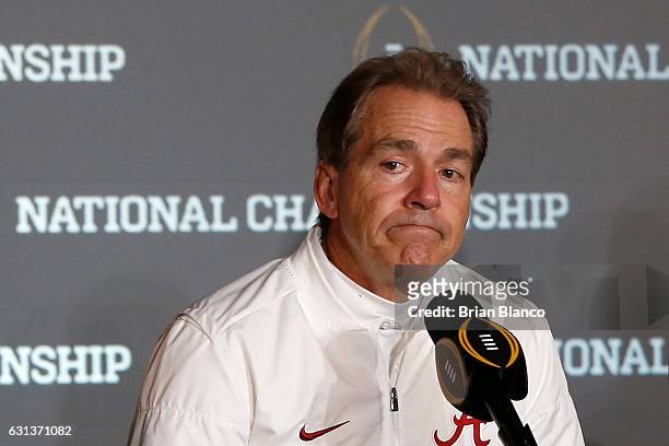 Head coach Nick Saban of the Alabama Crimson Tide speaks during a press conference after the Clemson Tigers defeated the Alabama Crimson Tide 35-31...