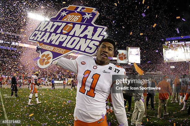 Clemson Tigers tight end Shadell Bell celebrates after the College Football Playoff National Championship game between the Alabama Crimson Tide and...