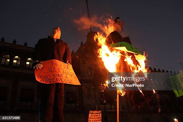Demonstrators burned a figure of Donald Trump, and the Mexican President Enrique Peña Nieto in front of Nacional Palace of Mexico City, on 9 January...