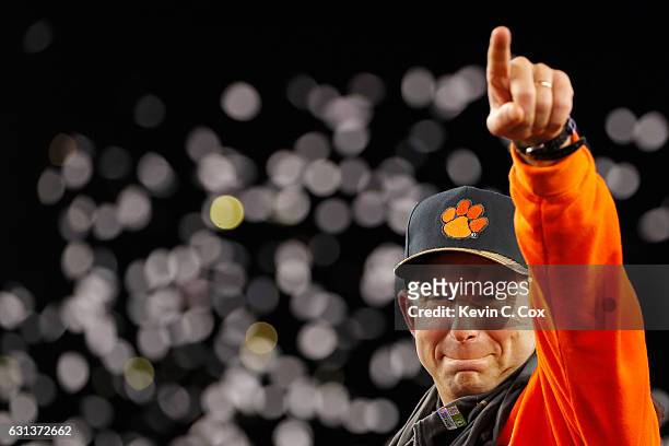 Head coach Dabo Swinney of the Clemson Tigers reacts after defeating the Alabama Crimson Tide 35-31 to win the 2017 College Football Playoff National...