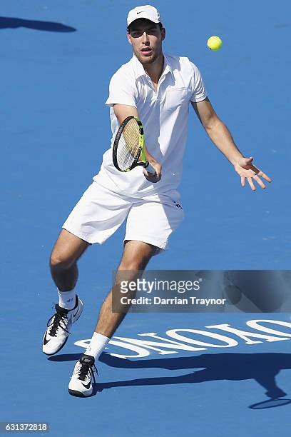 Jerzy Janowicz of Poland plays a forehand shot in his match against Tommy Haas of Germany during day one of the 2017 Priceline Pharmacy Classic at...