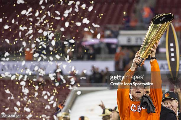 Clemson Tigers head coach Dabo Swinney celebrates the win after the College Football Playoff National Championship game between the Alabama Crimson...