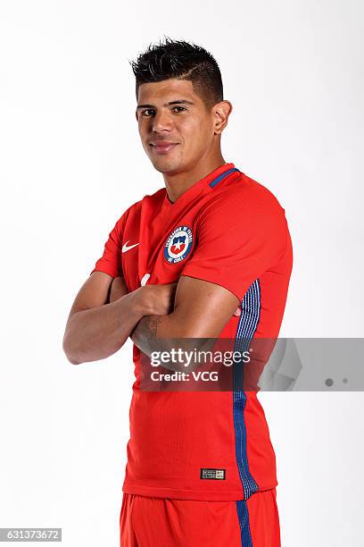 Esteban Pavez of Chile poses during the team presentation ahead of the 2017 Gree China Cup International Football Championship on January 9, 2017 in...