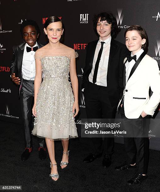 Caleb McLaughlin, Millie Bobby Brown, Finn Wolfhard and Noah Schnapp attend the 2017 Weinstein Company and Netflix Golden Globes after party on...