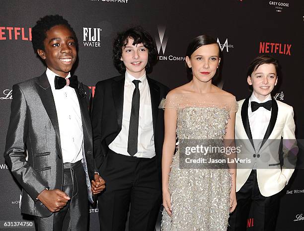 Caleb McLaughlin, Finn Wolfhard, Millie Bobby Brown and Noah Schnapp attend the 2017 Weinstein Company and Netflix Golden Globes after party on...