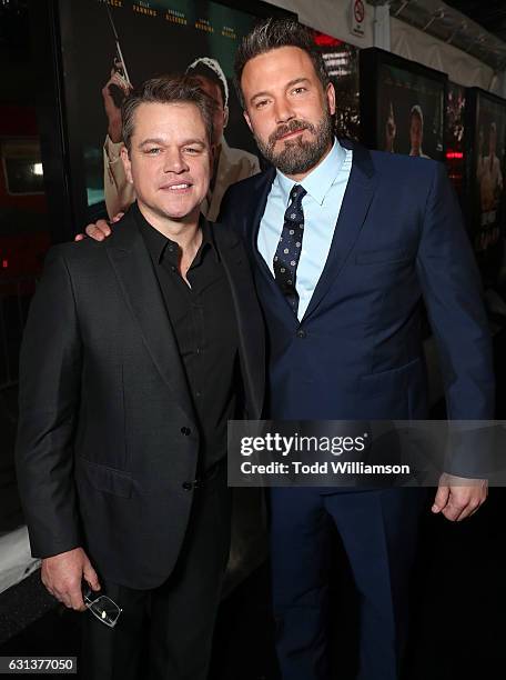 Matt Damon and Ben Affleck attend the premiere Of Warner Bros. Pictures' "Live By Night" at TCL Chinese Theatre on January 9, 2017 in Hollywood,...