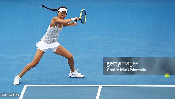Lizette Cabrera of Australia plays a forehand in her second round match against Jana Fett of Croatia during day one of the 2017 Hobart International...