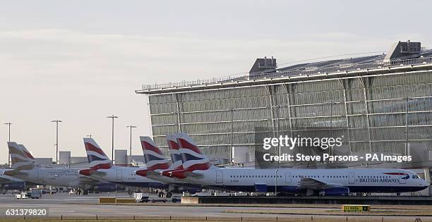 British Airways aircraft on the tarmac at Terminal 5 at London's Heathrow Airport as members of the airline's cabin crew hold a 48 hour strike in a...