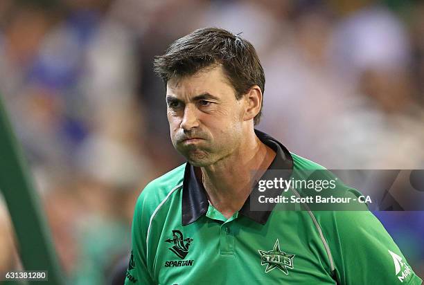 Stars Head Coach Stephen Fleming looks on during the Big Bash League match between the Melbourne Stars and the Adelaide Strikers at Melbourne Cricket...