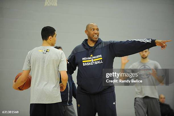 Assistant Coach Popeye Jones of the Indiana Pacers points during a coaches clinic as part of 2017 NBA London Global Games at the Citysport on January...