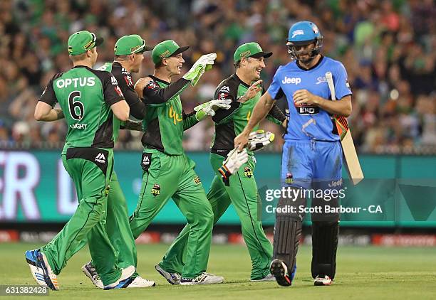 Peter Handscomb of the Stars is congratulated by his teammates after running out Michael Neser of the Strikers during the Big Bash League match...