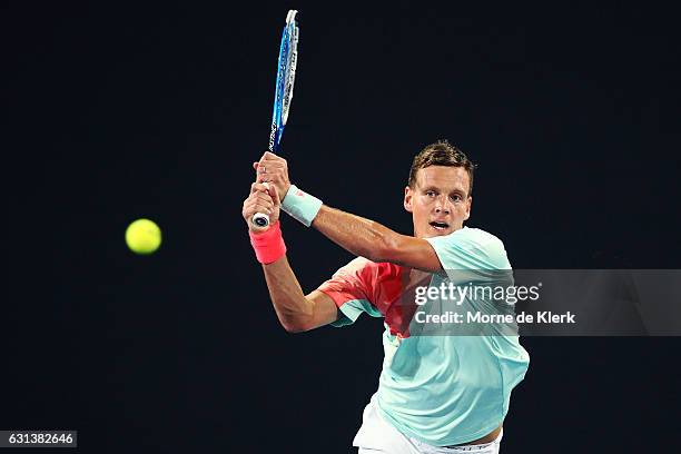 Tomas Berdych of the Czech Republic competes during day one of the 2017 World Tennis Challenge at Memorial Drive on January 10, 2017 in Adelaide,...