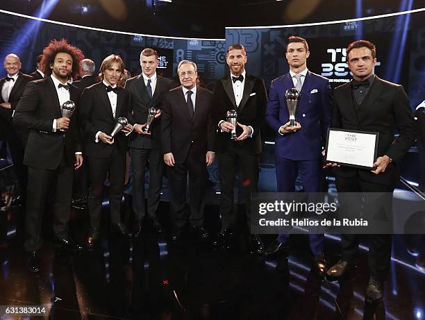 The awardees of the FIFA FIFPro World11 award, Real Madrid and Croatia's midfielder Luka Modric, Real Madrid and Brazil's defender Marcelo and Real...