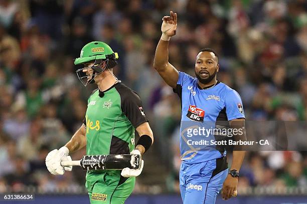 Kevin Pietersen of the Stars looks on after inspecting the taping on the hand of bowler Kieron Pollard of the Strikers during the Big Bash League...