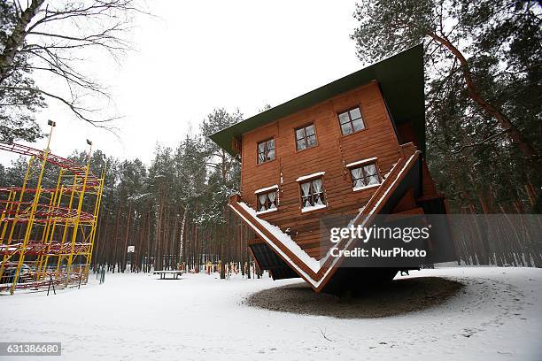 An upside down house is seen in a recreational area in Bydgoszcz, Poland on 9 January, 2017. Temperatures in the central part of Poland have reached...