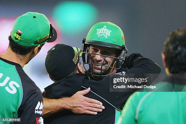 Ben Hilfenhaus of the Stars celebrates after hitting the winning runs during the Big Bash League match between the Melbourne Stars and the Adelaide...