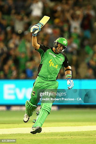 Ben Hilfenhaus of the Stars celebrates after hitting the winning run during the Big Bash League match between the Melbourne Stars and the Adelaide...