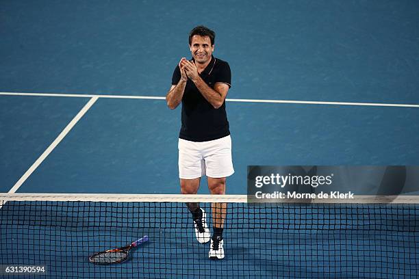 Fabrice Santoro of France reacts during day one of the 2017 World Tennis Challenge at Memorial Drive on January 10, 2017 in Adelaide, Australia.