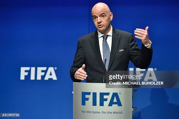 International Federation of Association Football President Gianni Infantino speaks during a press briefing closing a meeting of the FIFA executive...