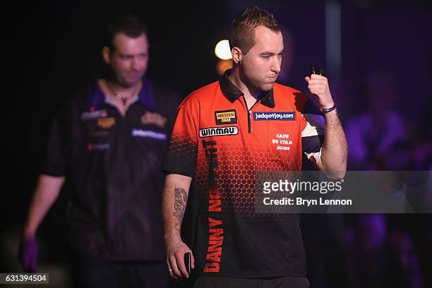 Danny Noppert of The Netherlands walks on for his first round match against David Cameron on day four of the BDO Lakeside World Professional Darts...