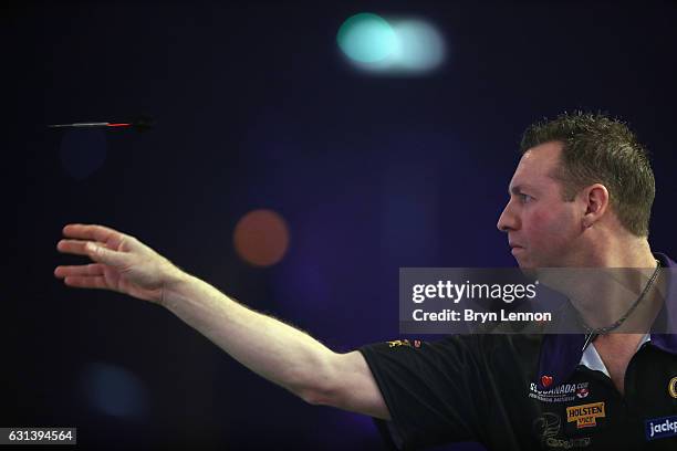 David Cameron of Canada in action during his first round match on day four of the BDO Lakeside World Professional Darts Championships on January 10,...