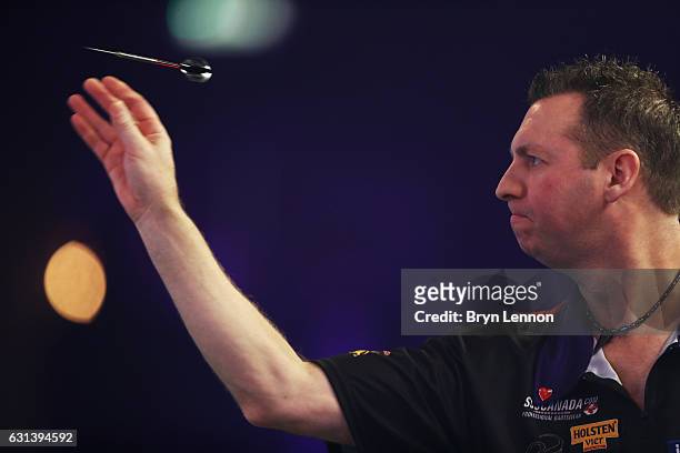 David Cameron of Canada in action during his first round match on day four of the BDO Lakeside World Professional Darts Championships on January 10,...