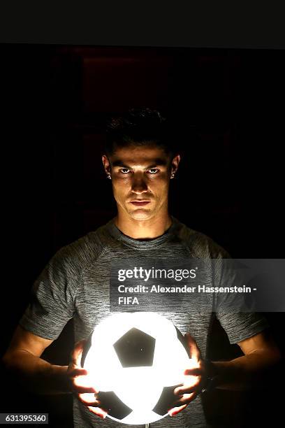 The Best FIFA Men's Player nominee Cristiano Ronaldo of Portugal and Real Madrid poses prior to The Best FIFA Football Awards at Kameha Zurich Hotel...