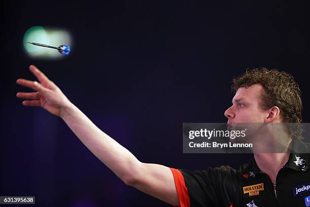 Richard Veenstra of The Netherlands in action during his first round match on day four of the BDO Lakeside World Professional Darts Championships on...