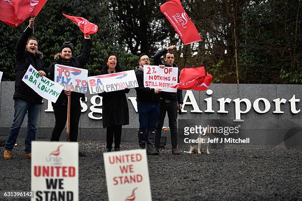 Striking British Airway cabin crew staff demonstrate outside Glasgow Airport on January 10, 2017 in Glasgow, Scotland. The two day strike by some of...